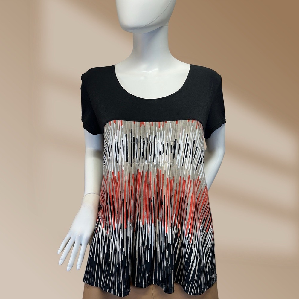 Liz & Co Ladies Geometric Black Orange & Beige Size X-Large Short Sleeve